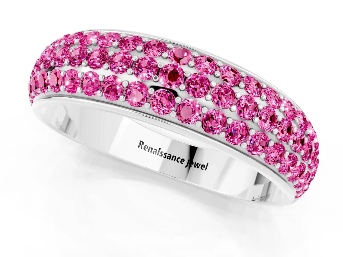 Three-Row Round Pink Sapphire Eternity Band with Shared Prong Setting White gold