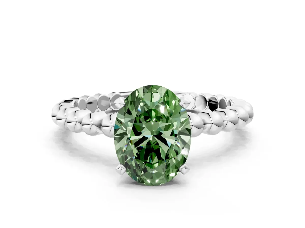 Fancy Green Oval Cut Diamond Solitaire Ring with Beaded Band and Prong Setting Silver