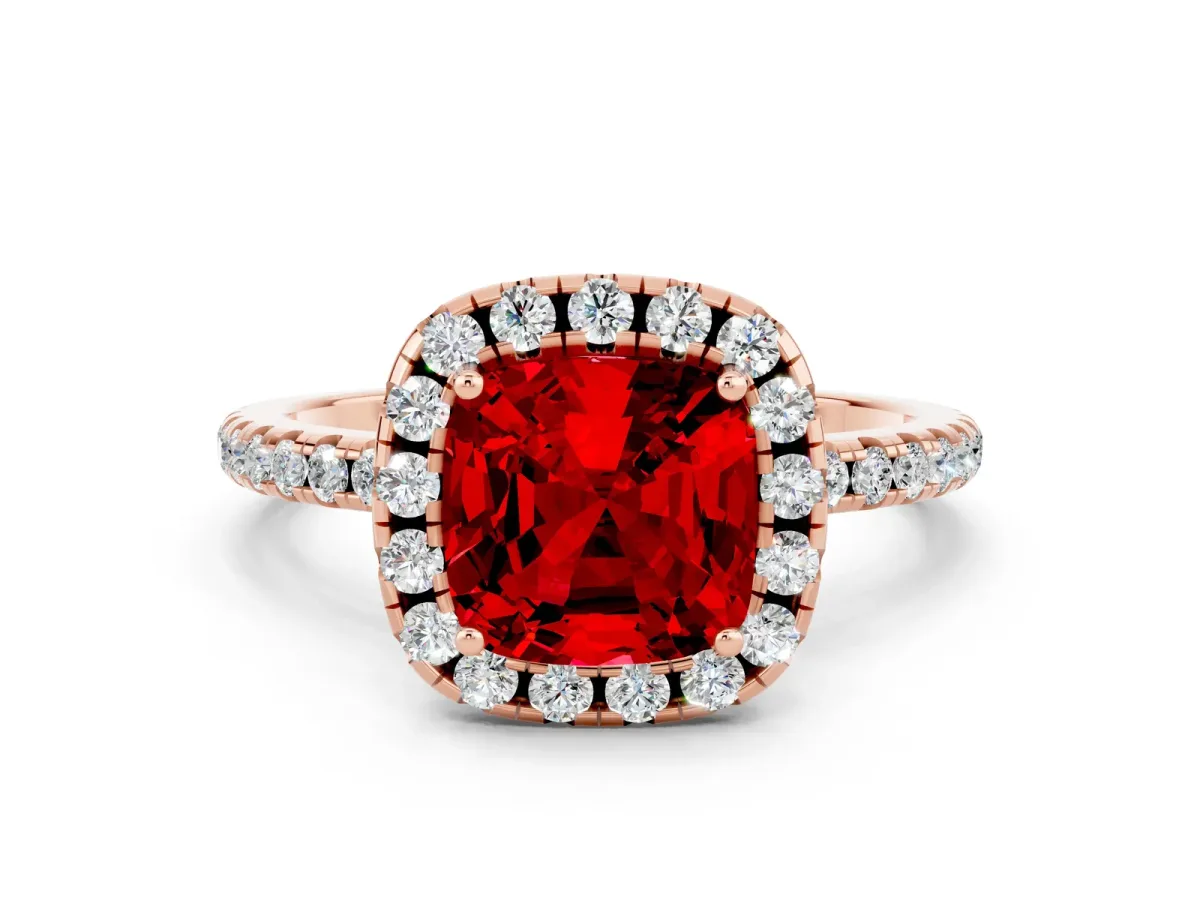 Cushion Cut Ruby Halo Ring with Round Pavé Band and Prong Setting Rose gold