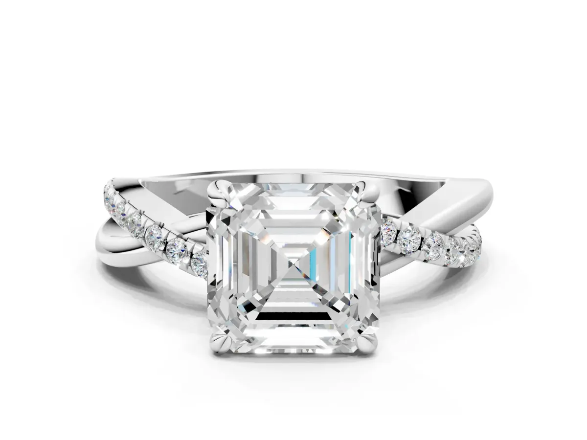 Asscher Cut Cut Twist Band Solitaire Diamond Ring with Pavé Setting Platinum