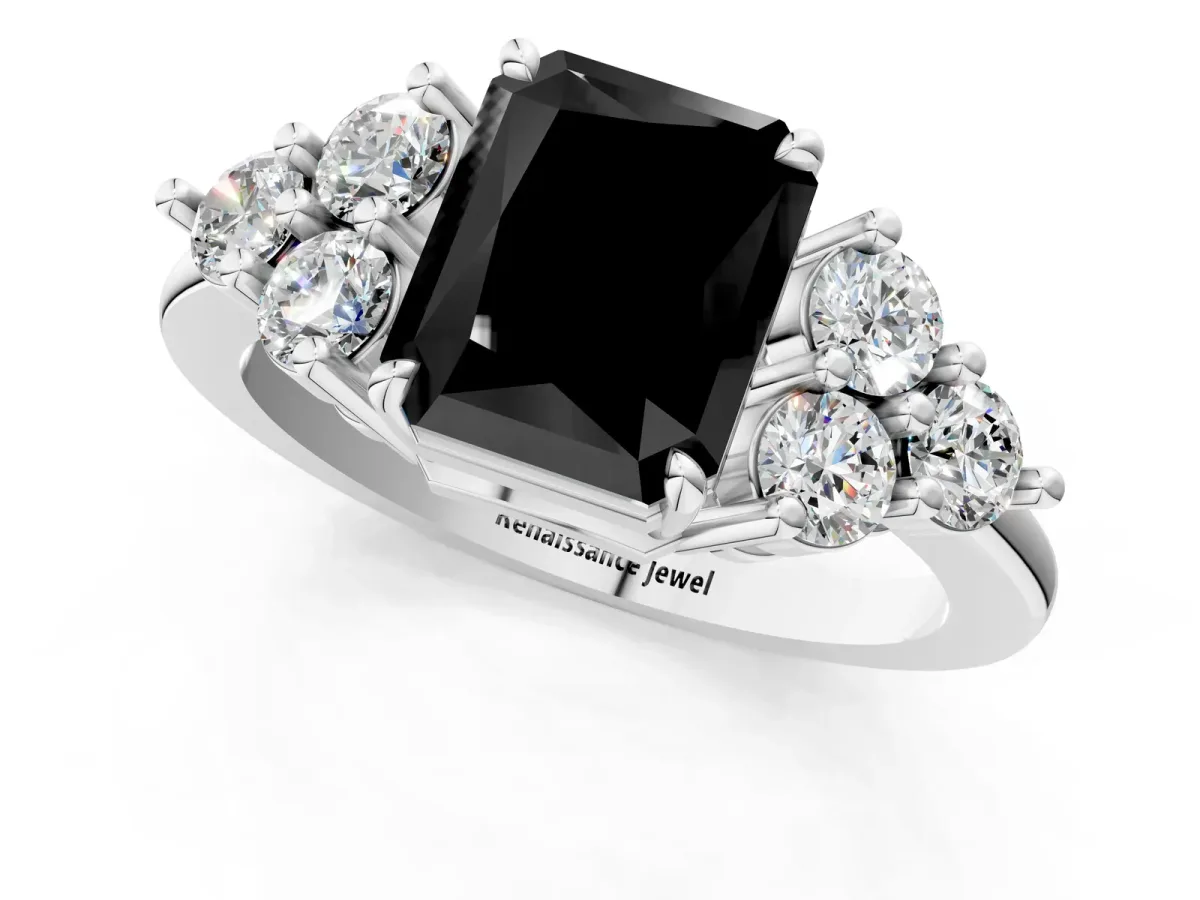 Fancy Black Radiant Cut Brilliant Diamond Cluster Accent Solitaire Ring with Prong Setting Platinum