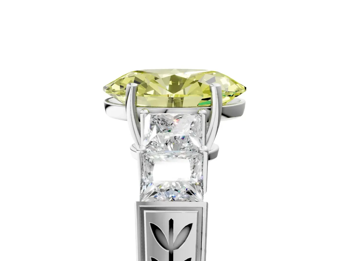 Fancy Yellow Oval Cut Solitaire Princess Side Stone Engraved Band Prong Setting Ring Platinum