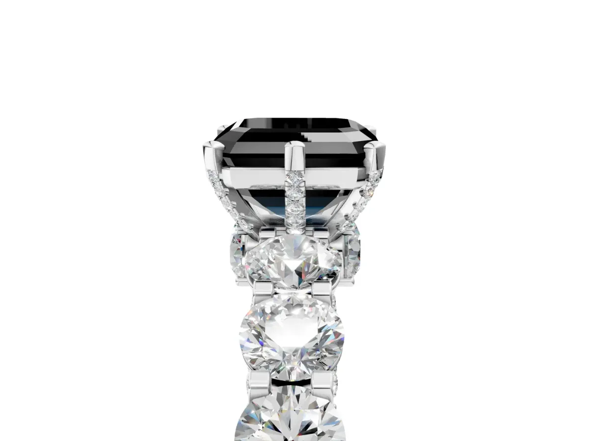 Fancy Black Asscher Cut Diamond Side Stone Engagement Ring with Four-Prong Setting White gold