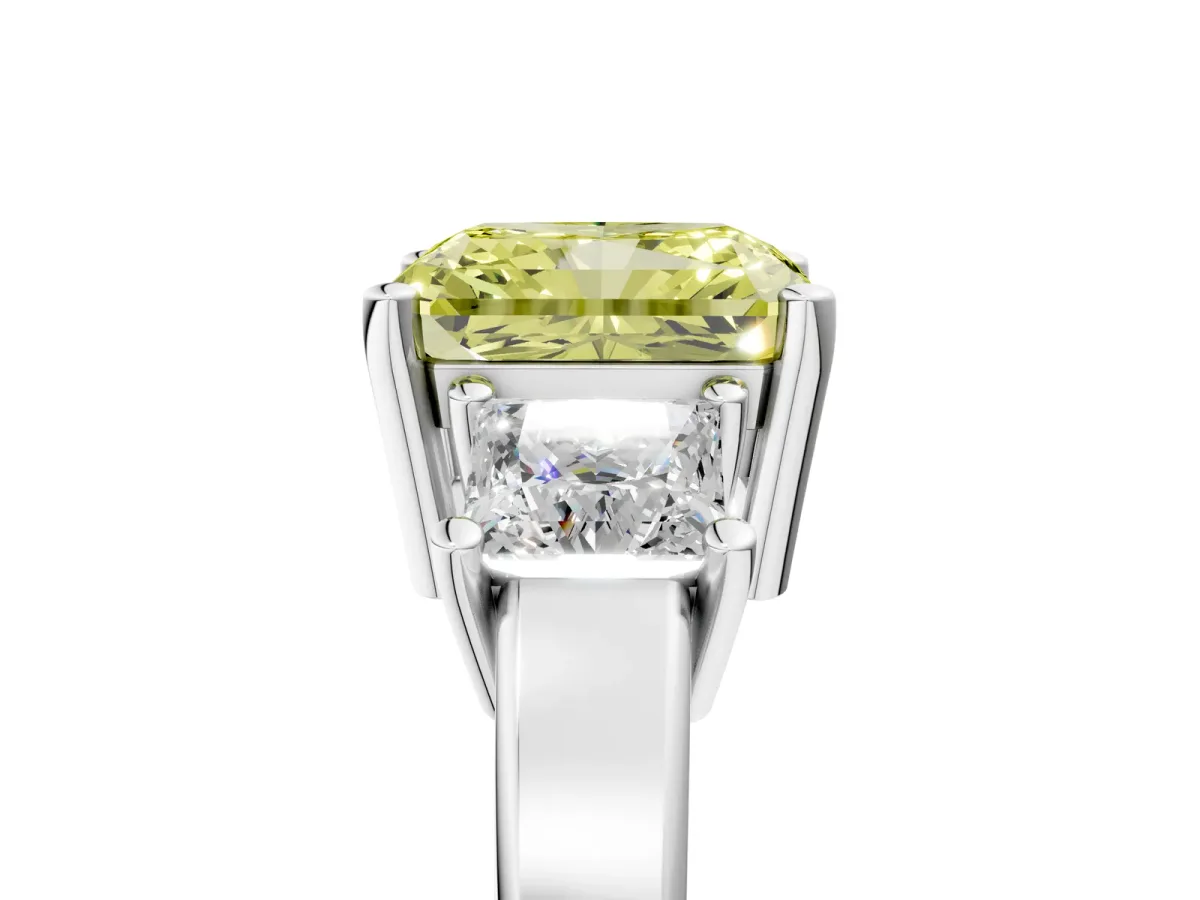 Fancy Yellow Three-Stone Radiant Cut Cut Solitaire Ring with Prong Setting Platinum