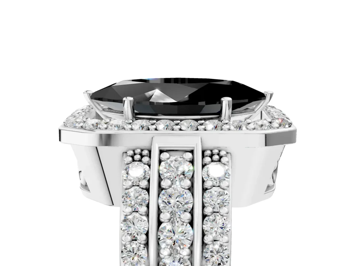 Fancy Black Marquise Cut Halo Diamond Ring with Round Split Shank and Prong Setting Silver