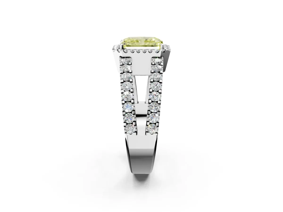 Fancy Yellow Radiant Cut Cut Halo Split Shank Diamond Ring with Four-Prong Setting Platinum