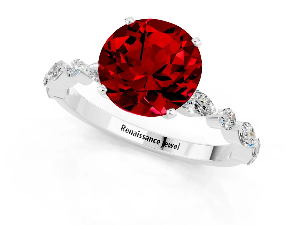 Round Cut Ruby Ring with Marquise and Round Side Stones and Four-Prong Setting Platinum