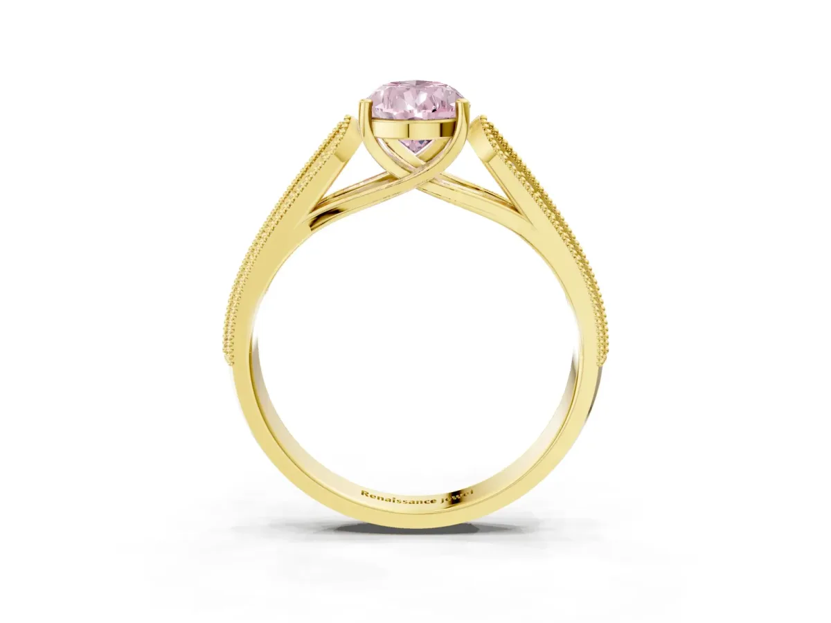 Fancy Pink Pear Cut Cut Pave Split Shank Engagement Ring with Four-Prong Setting Yellow gold