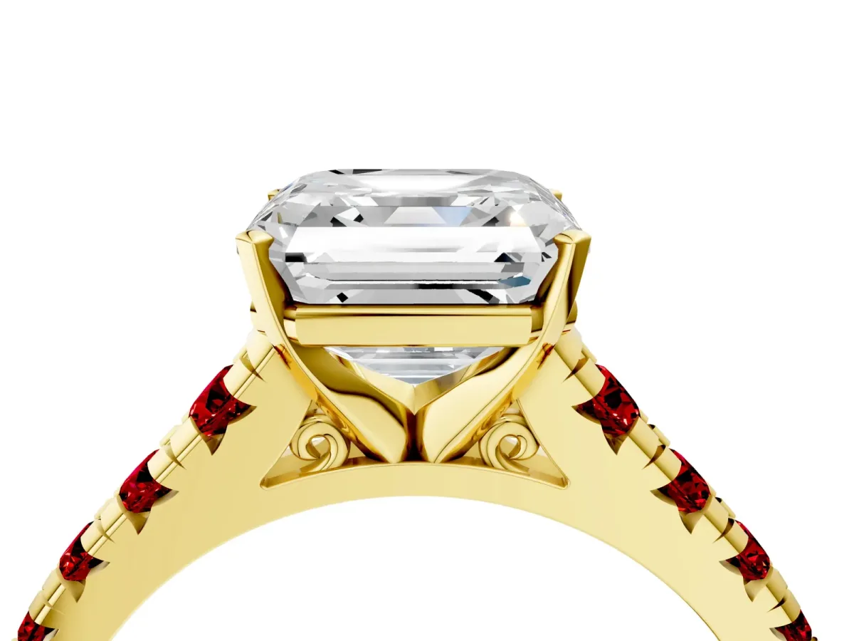 Asscher Cut Diamond Cathedral Solitaire Ring with Round Ruby Pavé Band Yellow gold