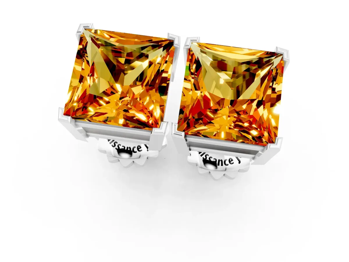 Princess Cut Citrine Stud Earrings White gold