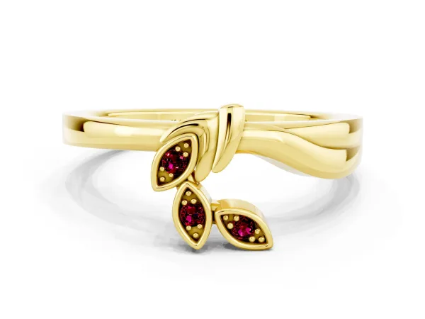 Three-Stone Round Garnet Leaf Bypass Ring with Bezel Setting Yellow gold
