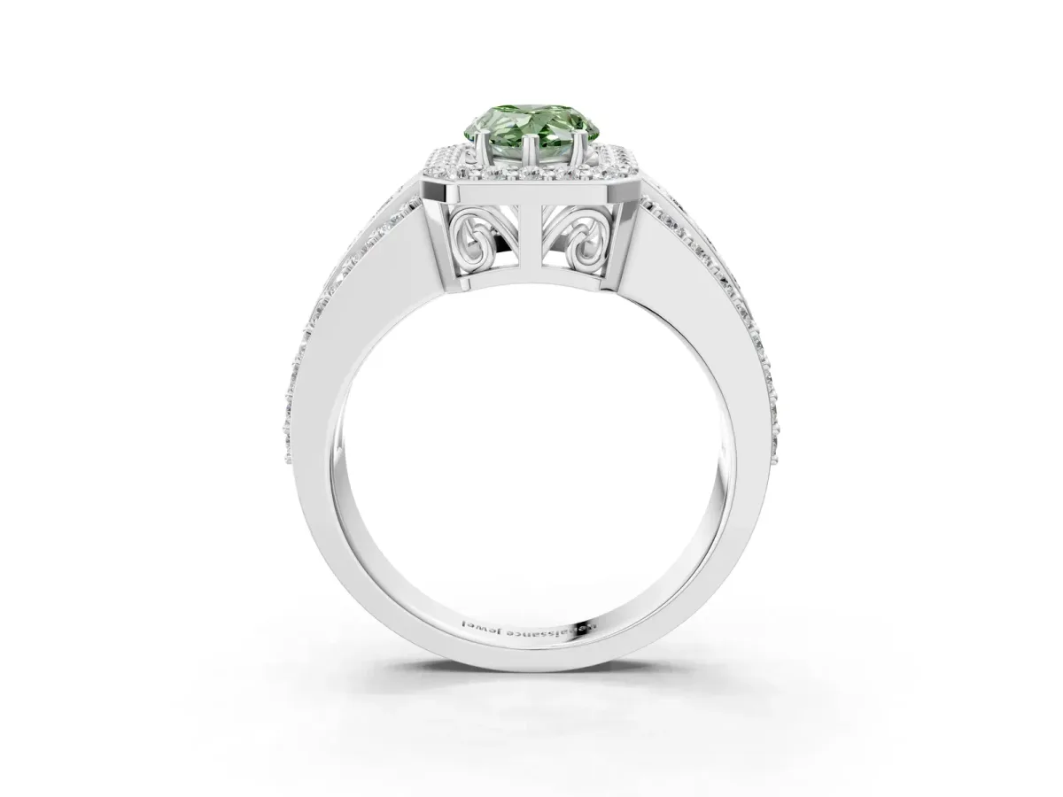 Fancy Green Pear Cut Halo Diamond Ring with Round Split Shank and Prong Setting Silver