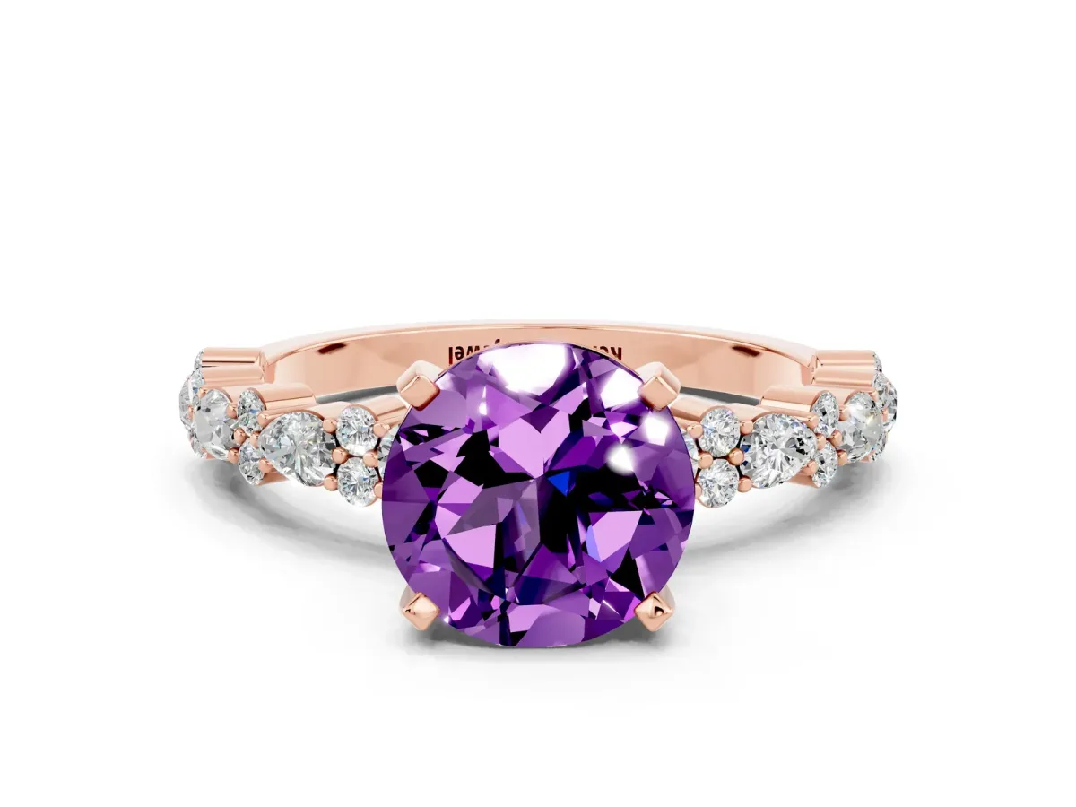 Round Cut Amethyst Side Stone Solitaire Ring with Round and Four-Prong Setting Rose gold