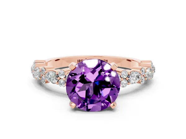 Round Cut Amethyst Side Stone Solitaire Ring with Round and Four-Prong Setting Rose gold