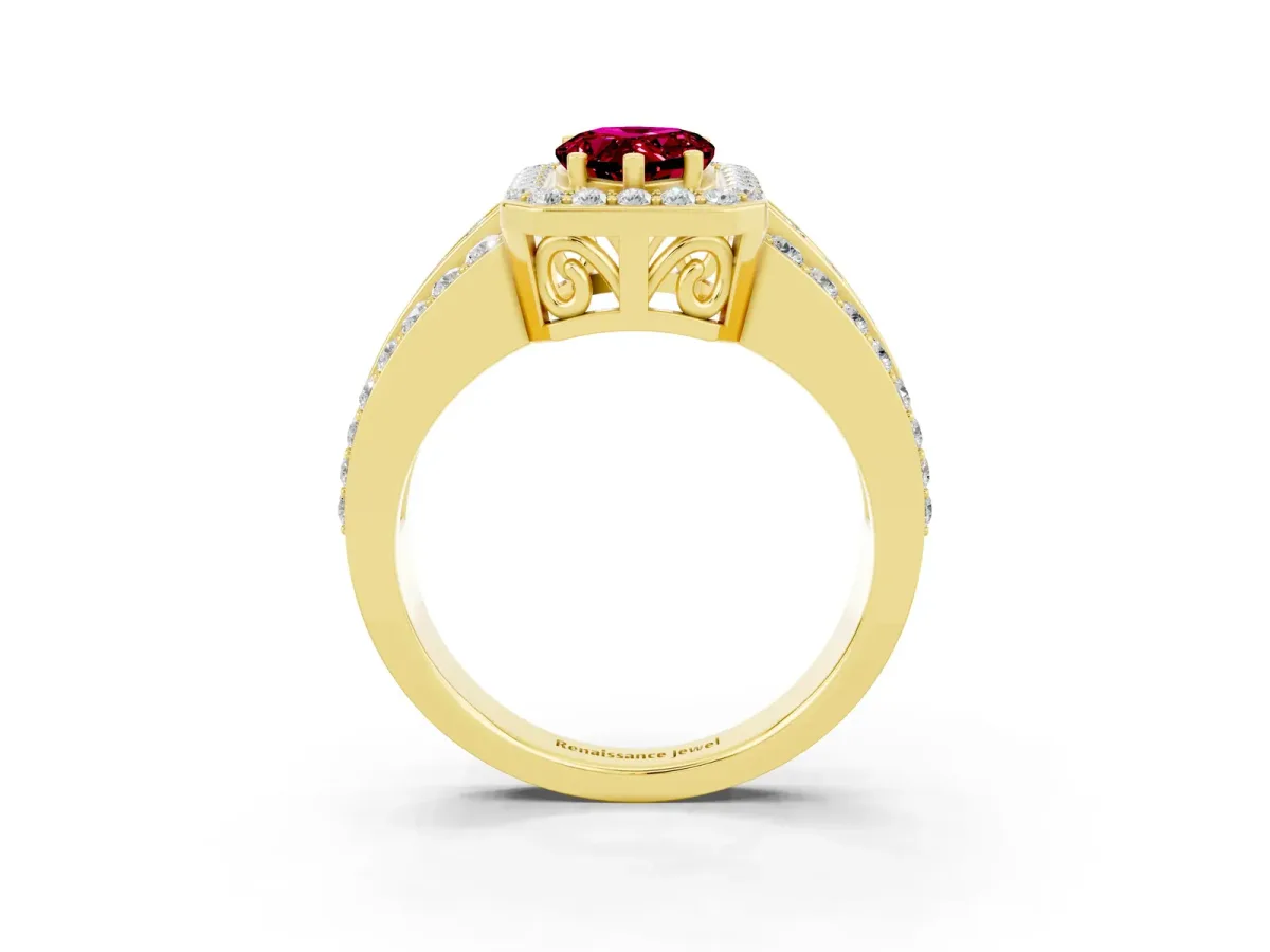 Pear Cut Halo Garnet Ring with Round Split Shank and Prong Setting Yellow gold