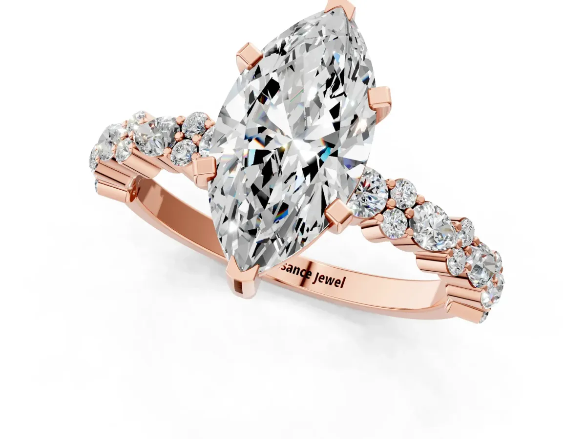 Marquise Cut Diamond Side Stone Solitaire Ring with Round and Four-Prong Setting Rose gold