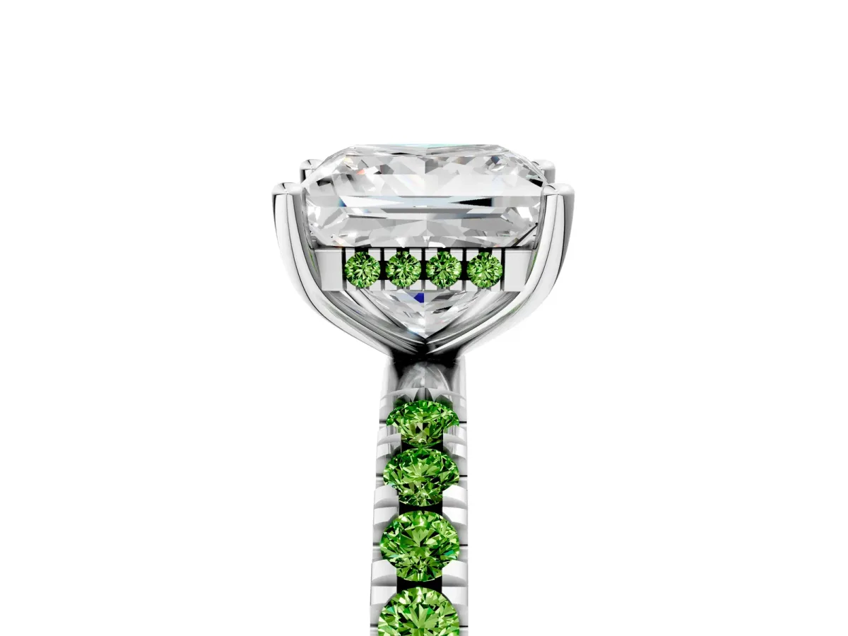 Princess Cut Diamond Pave Band Solitaire Ring with Round Peridot and Prong Setting Silver