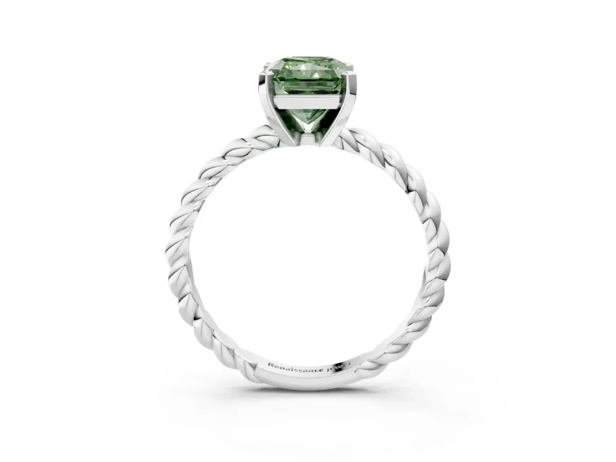 Fancy Green Radiant Cut Cut Solitaire Twisted Band with Four-Prong Setting Platinum