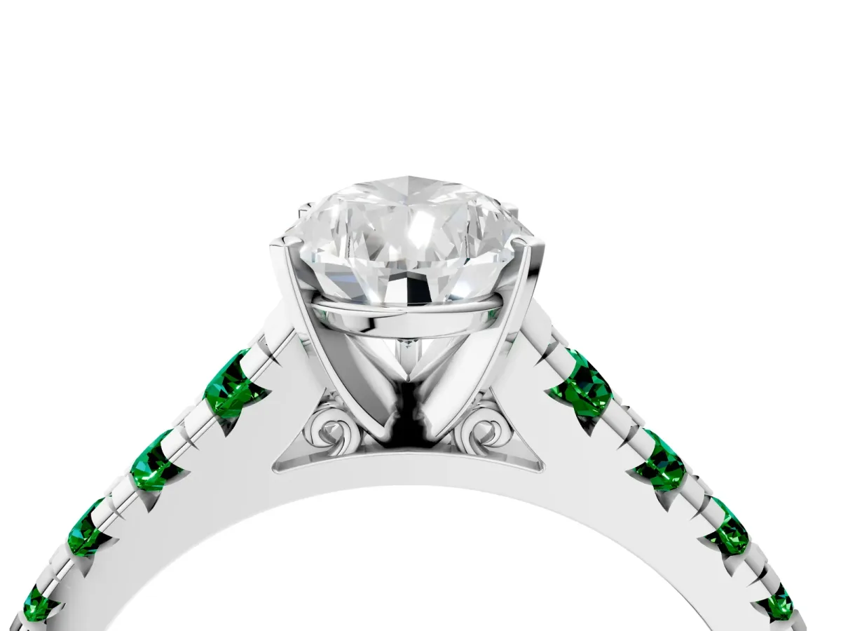 Pear Cut Diamond Cathedral Solitaire Ring with Round Emerald Pavé Band White gold