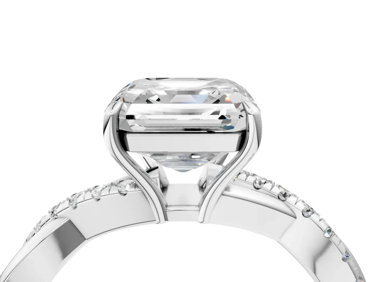 Asscher Cut Cut Diamond Twisted Band with Pavé Setting and Four-Prong Setting Platinum