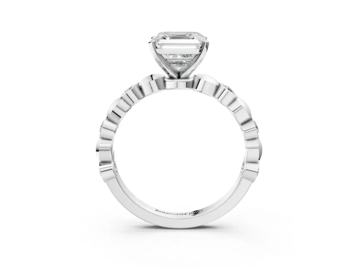 Asscher Cut Solitaire Bezel-Set Diamond Ring with Beaded Band and Four-Prong Setting Platinum