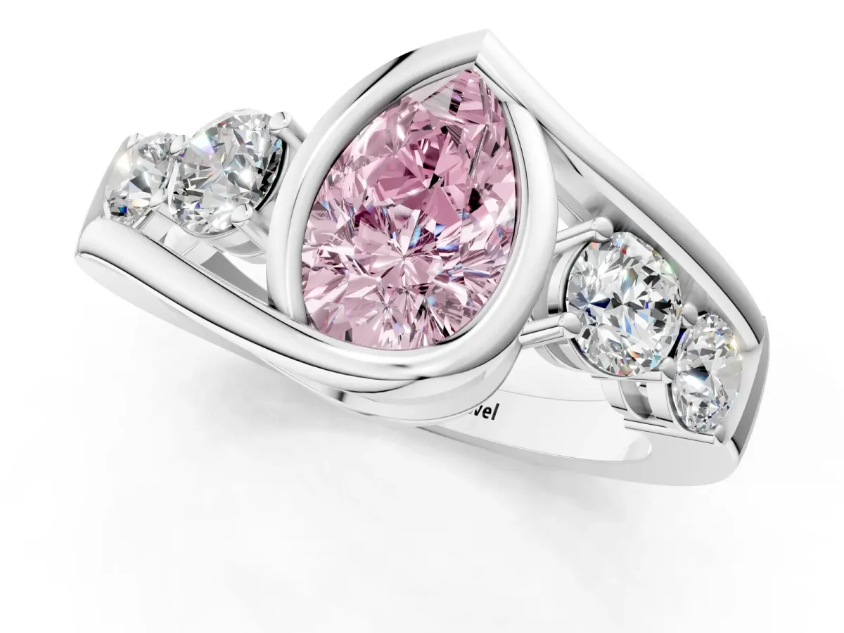 Fancy Pink Bezel Set Pear Cut Diamond Bypass Ring with Round Accents Platinum