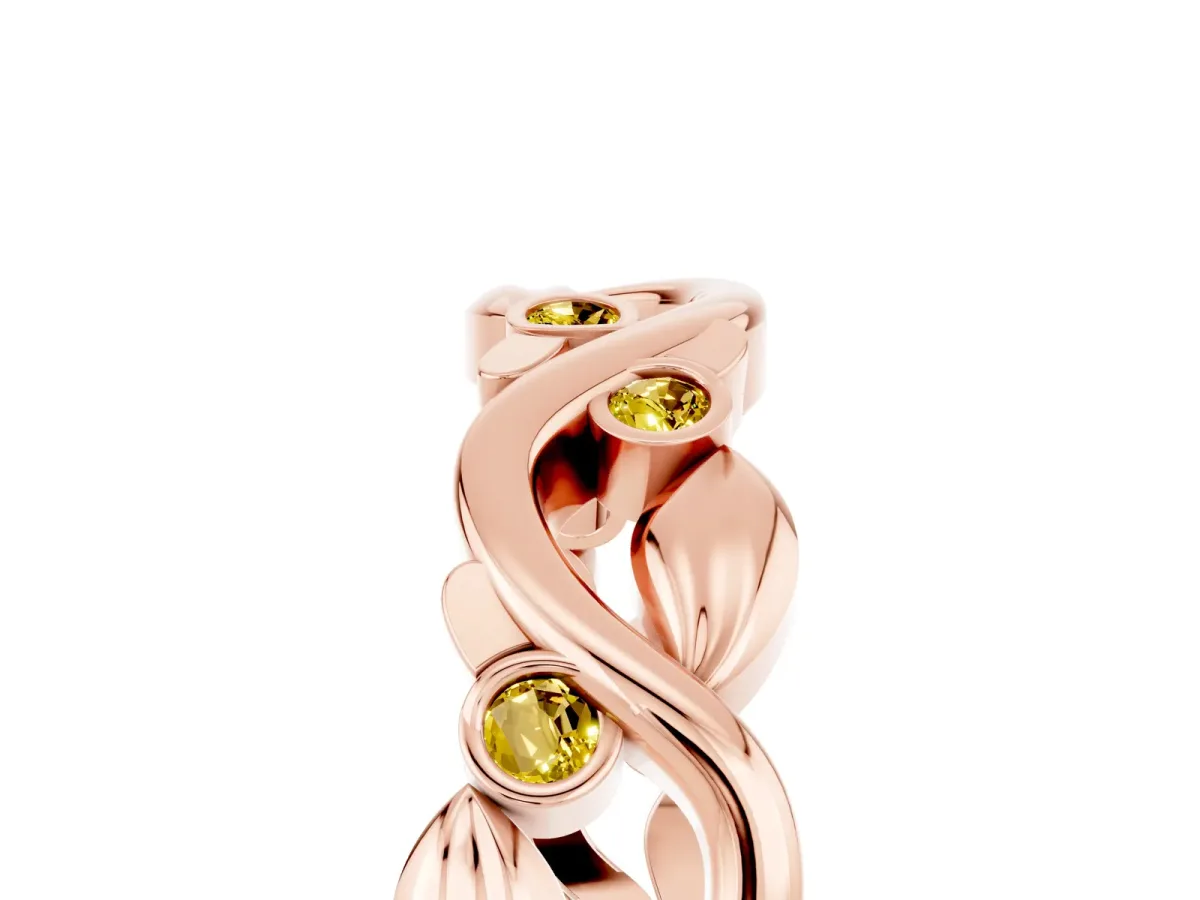 Round Yellow Sapphire Leaf Eternity Band with Bezel Setting Rose gold