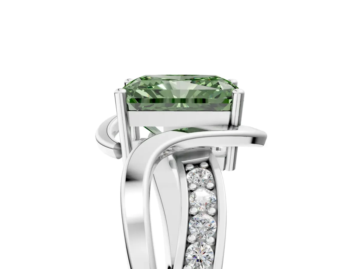 Fancy Green Radiant Cut Solitaire Twisted Band with Prong Setting Platinum