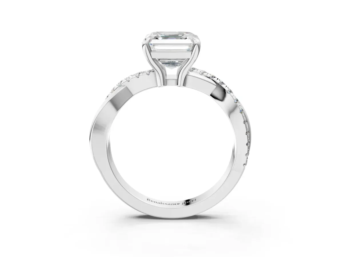 Asscher Cut Cut Twist Band Solitaire Diamond Ring with Pavé Setting Platinum