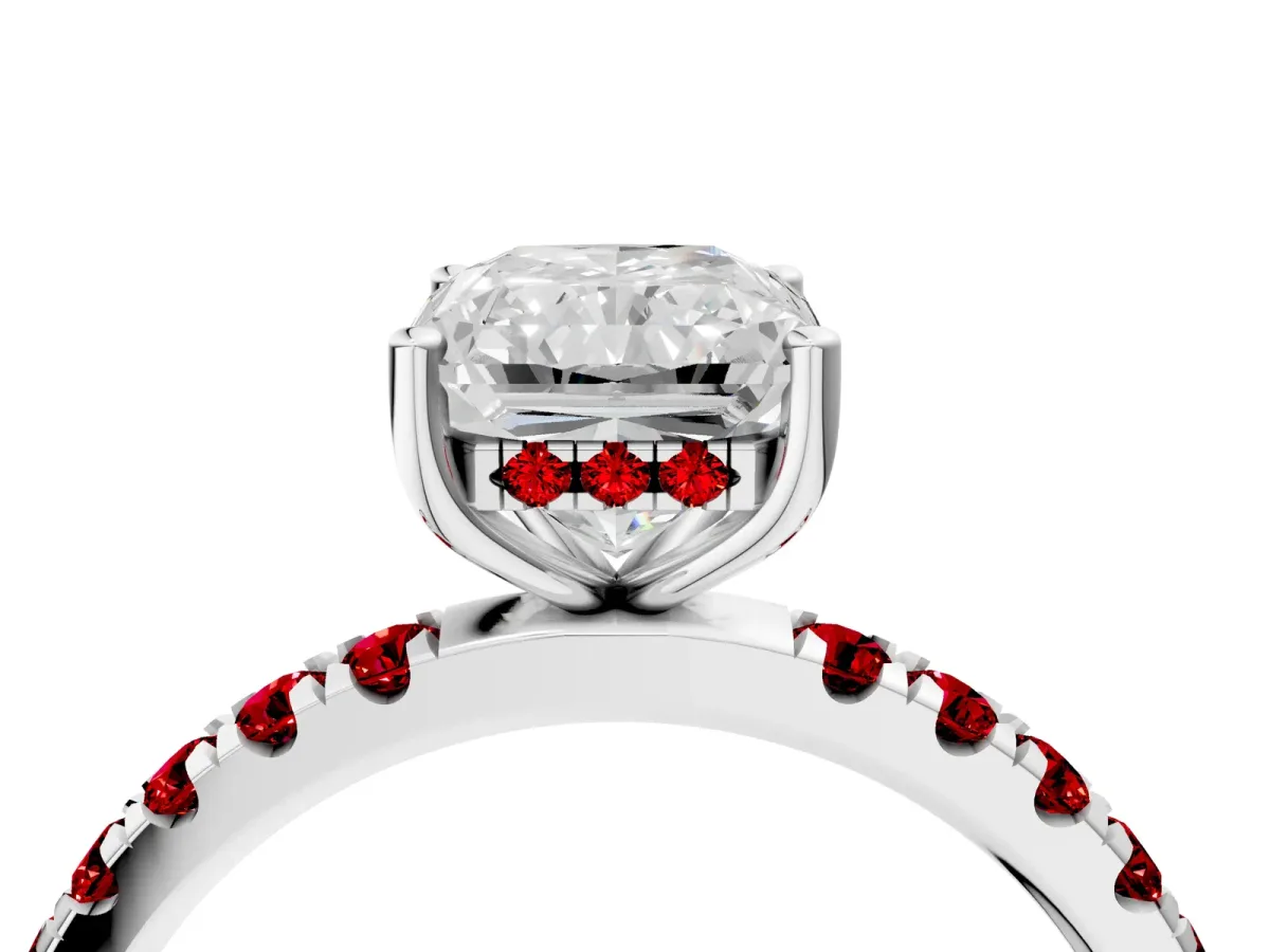 Radiant Cut Diamond Pave Band Solitaire Ring with Round Ruby and Prong Setting White gold