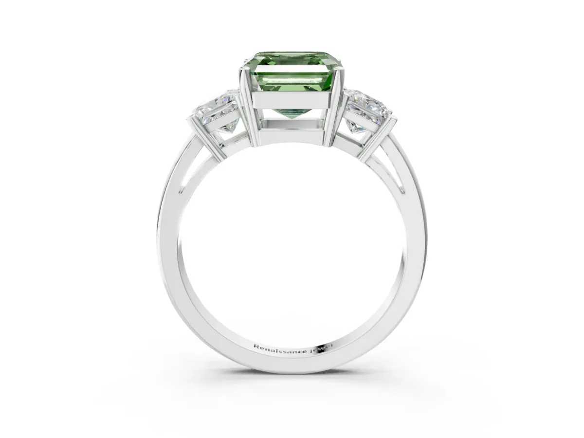 Fancy Green Three-Stone Asscher Cut Cut Solitaire Ring with Prong Setting Platinum