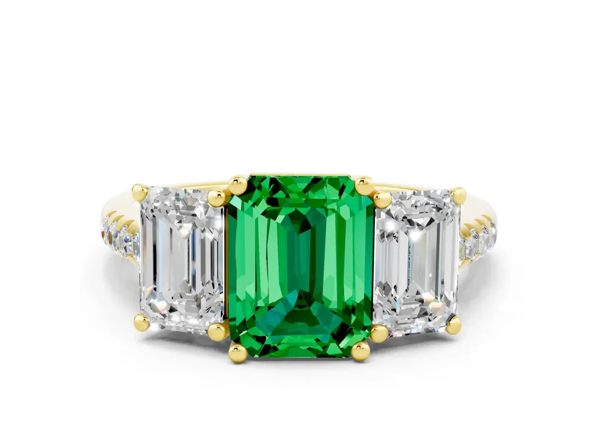 Three-Stone Emerald Cut Emerald Ring with Round Pavé Band and Prong Setting Yellow gold