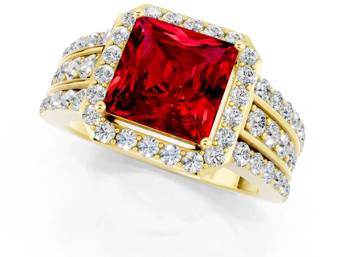Princess Cut Halo Ruby Ring with Round Split Shank and Prong Setting Yellow gold