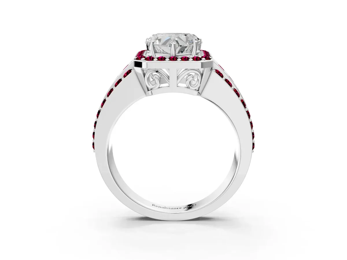 Heart Cut Halo Diamond Ring with Round Garnet Split Shank and Prong Setting Silver