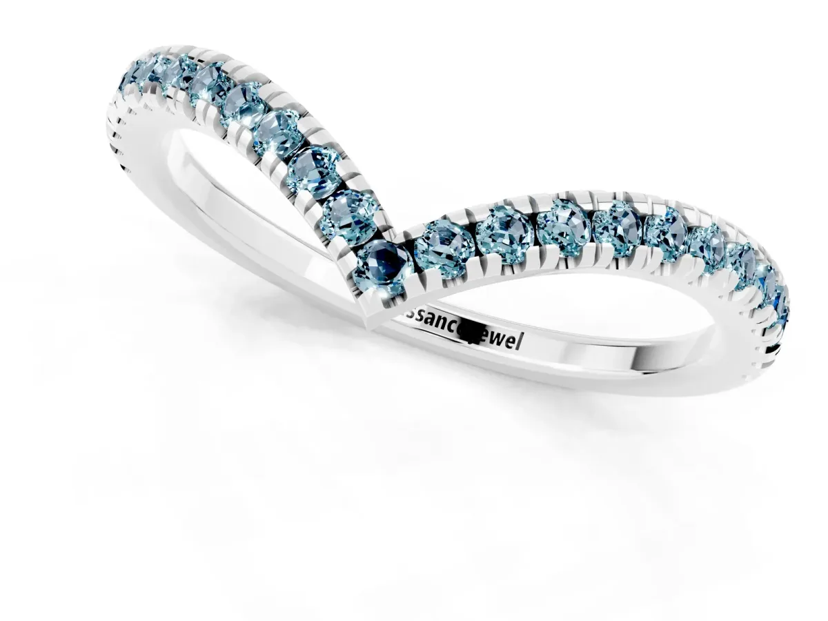 Pavé Round Aquamarine V-Shaped Chevron Band with Shared Prong Setting White gold