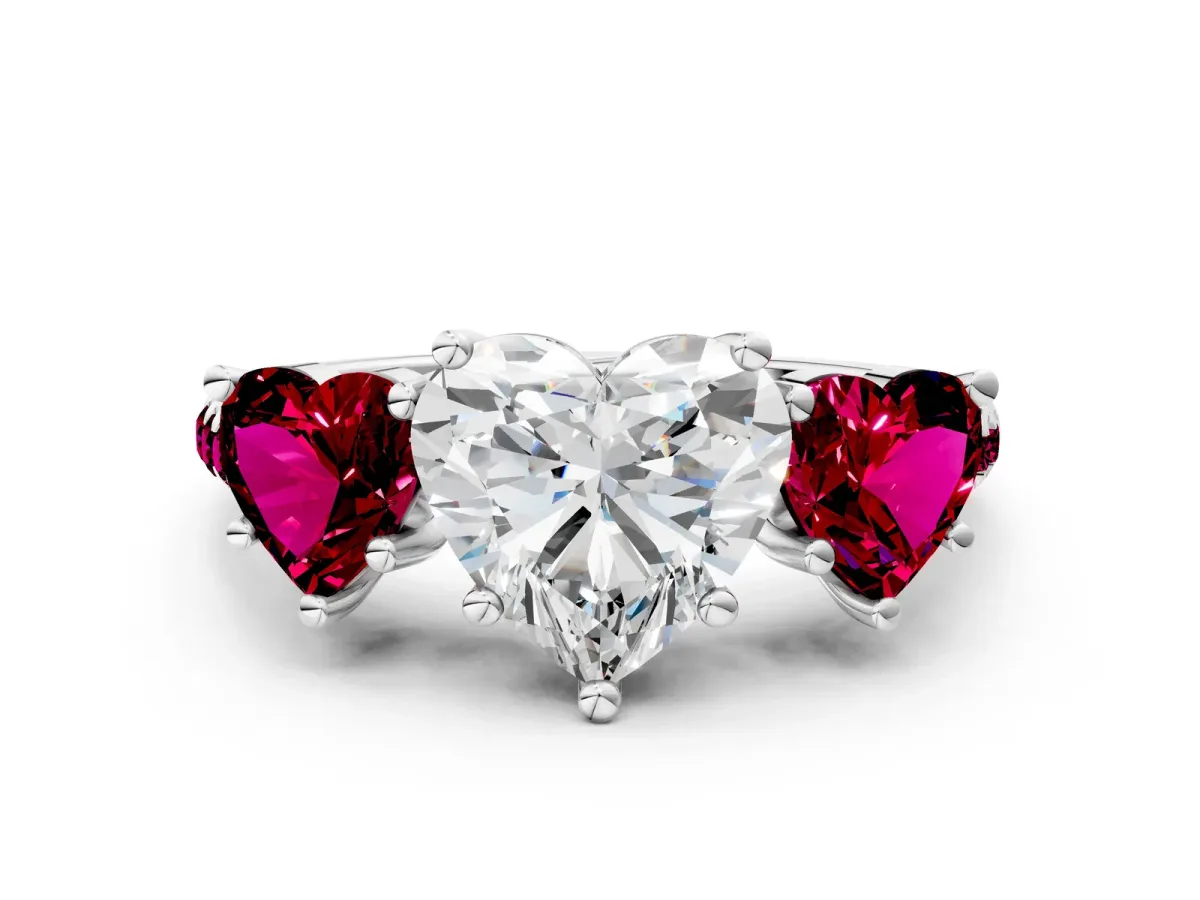 Three-Stone Heart Cut Diamond Ring with Round Garnet Pavé Band and Prong Setting Silver