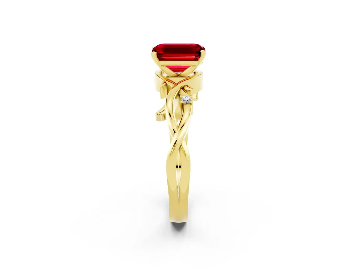 Emerald Cut Ruby Solitaire Ring with Twisted Band and Prong Setting Yellow gold