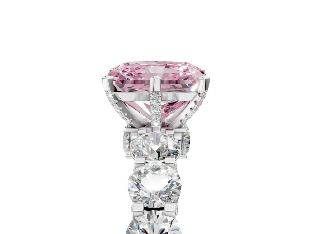 Fancy Pink Radiant Cut Diamond Side Stone Engagement Ring with Four-Prong Setting Silver