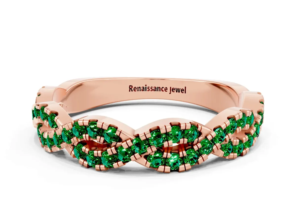 Round Emerald Twisted Eternity Band with Pavé and Shared Prong Setting Rose gold