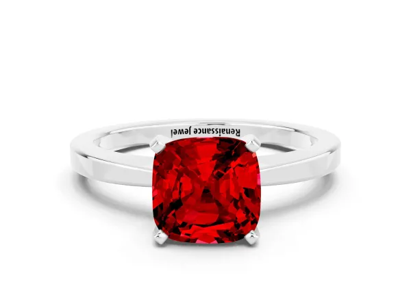 Cushion Cut Ruby Solitaire Engagement Ring with Classic Band and Four-Prong Setting Silver