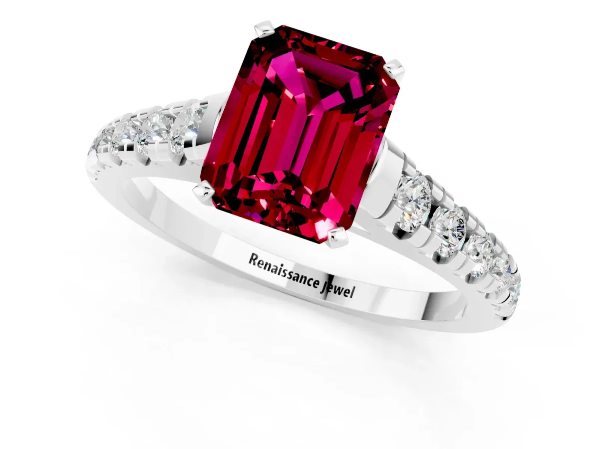 Emerald Cut Garnet Cathedral Solitaire Ring with Round Pavé Band Silver