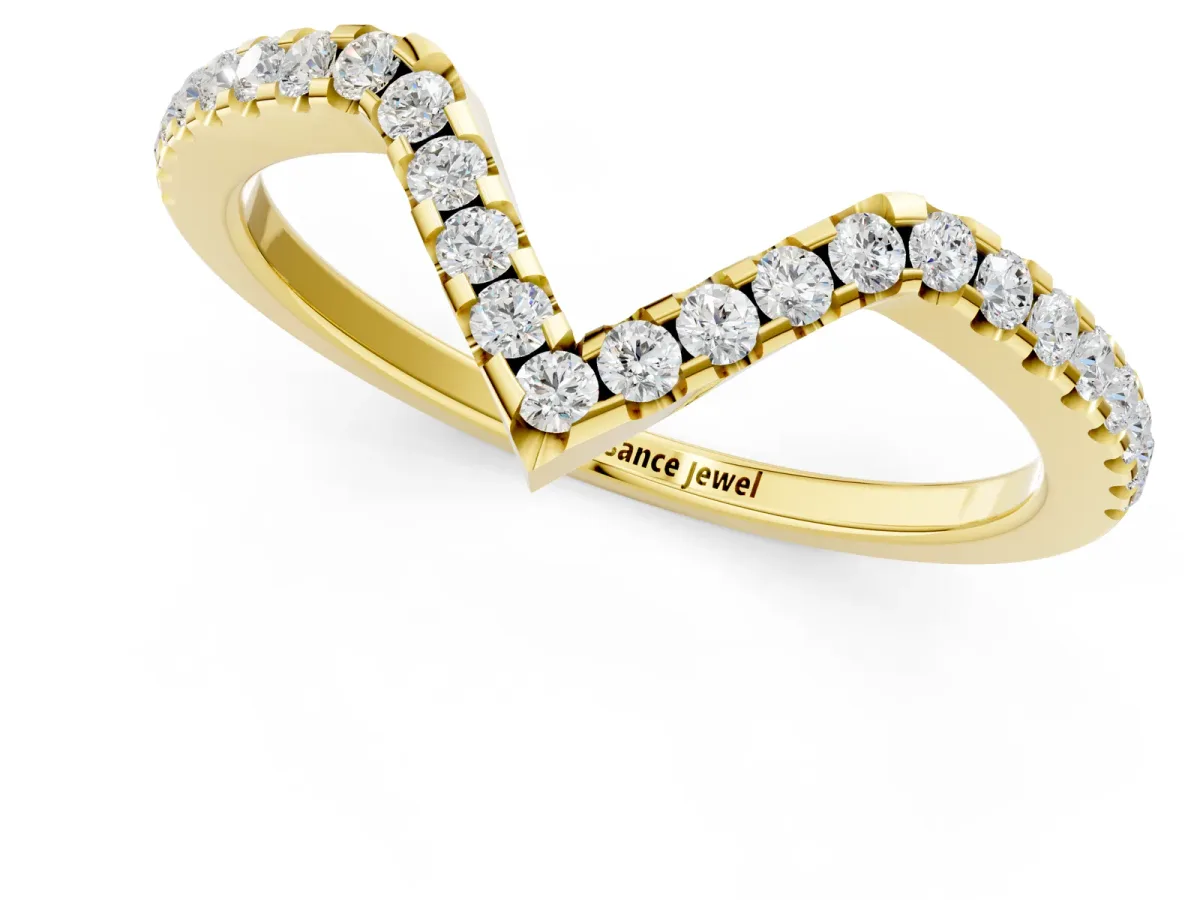 V-Shaped Pavé Round Diamond Chevron Band with Shared Prong Setting Yellow gold
