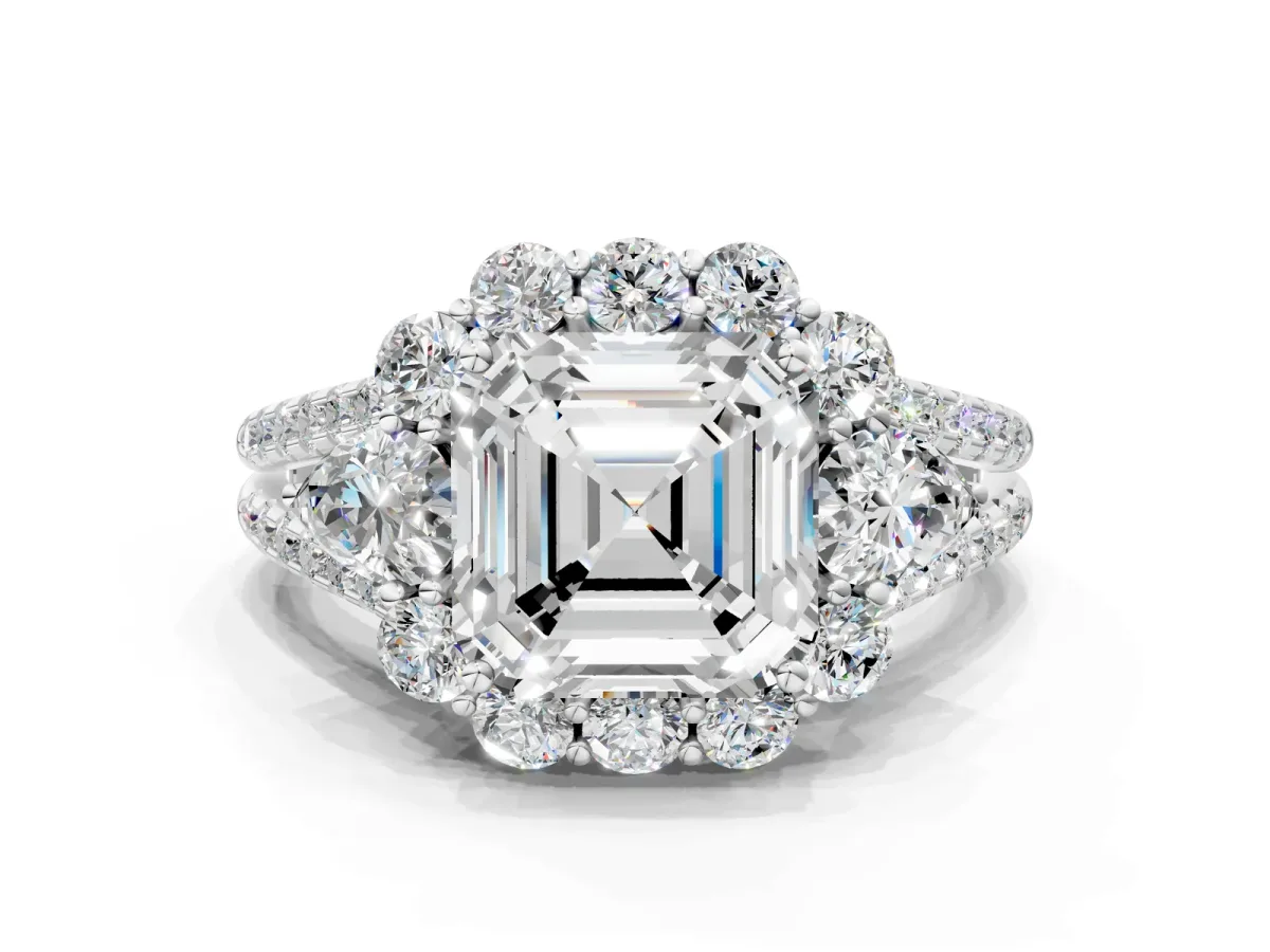Asscher Cut Halo Split Shank Diamond Engagement Ring with Prong Setting Platinum
