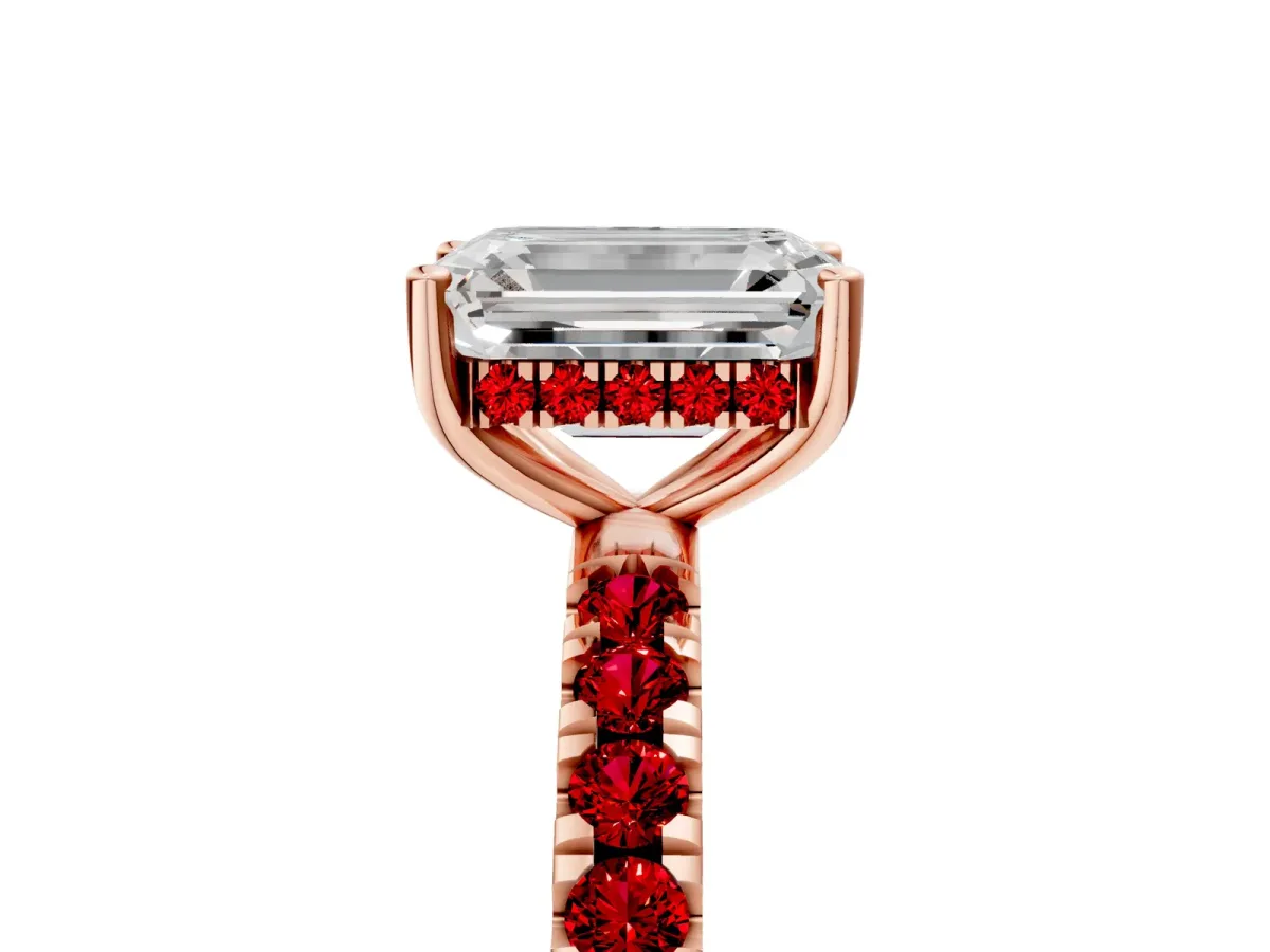 Emerald Cut Diamond Pave Band Solitaire Ring with Round Ruby and Prong Setting Rose gold