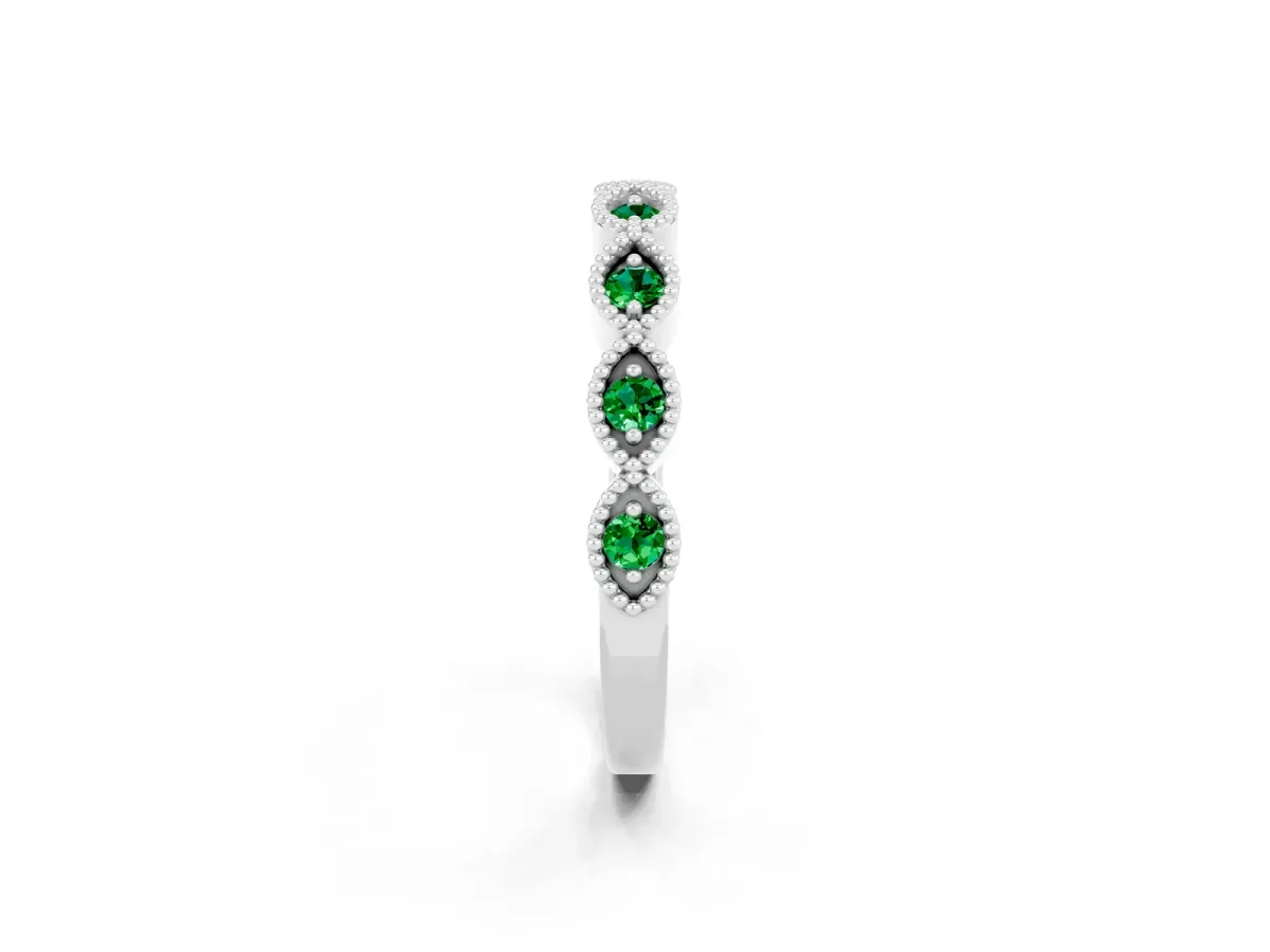 Milgrain Marquise Emerald Half Eternity Band with Bezel Setting White gold