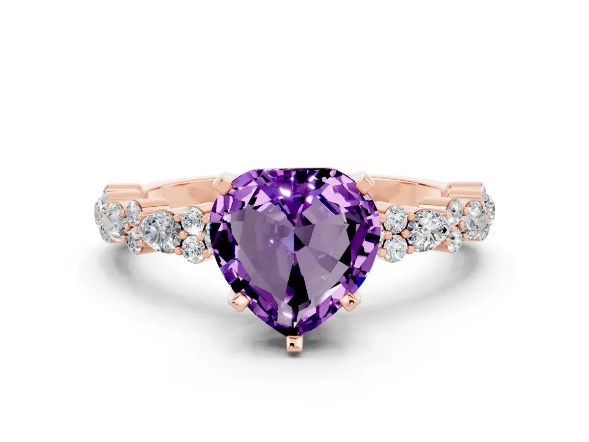 Heart Cut Amethyst Side Stone Solitaire Ring with Round and Four-Prong Setting Rose gold