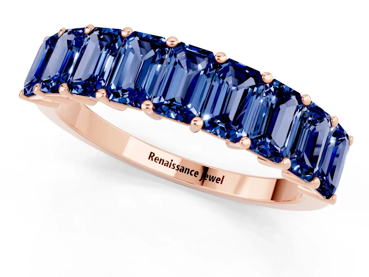 Emerald Cut Blue Sapphire Prong-Set Eternity Band Rose gold