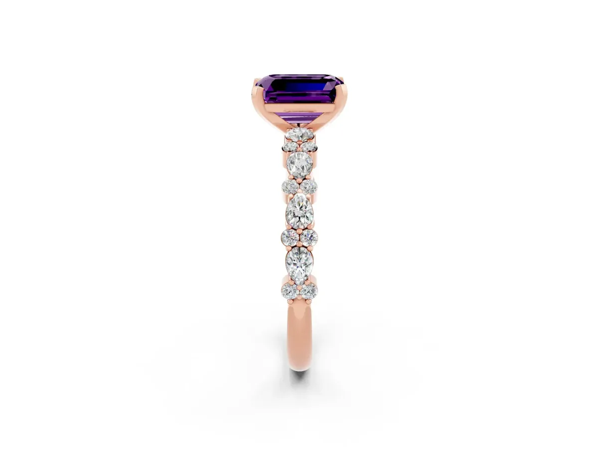 Emerald Cut Amethyst Side Stone Solitaire Ring with Round and Four-Prong Setting Rose gold