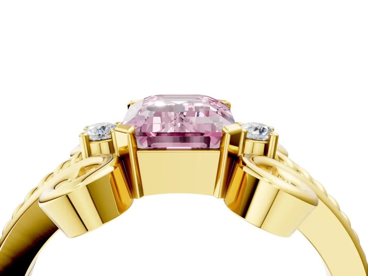Fancy Pink Emerald Cut Solitaire Twisted Band Scroll Prong Ring Yellow gold