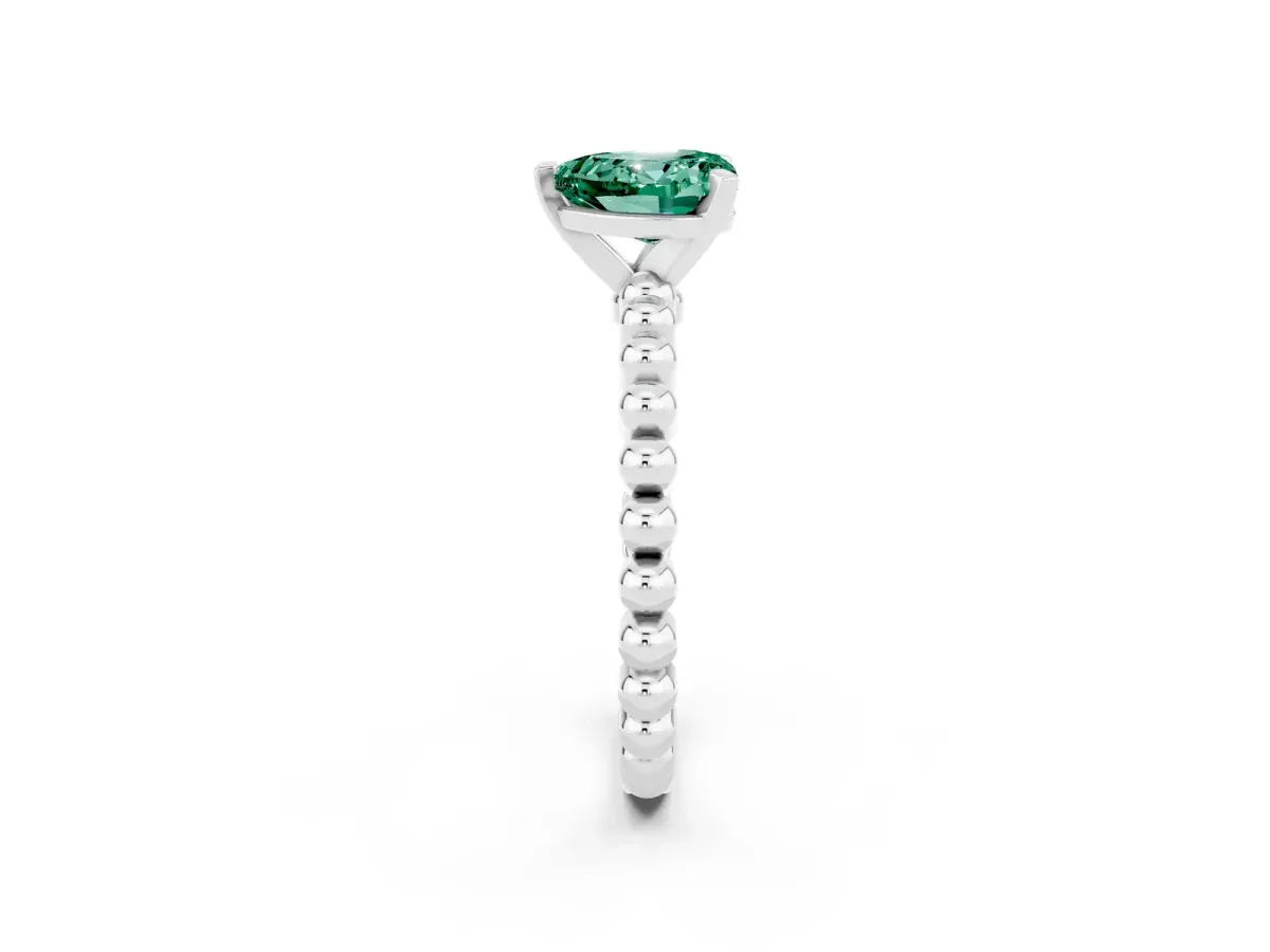 Heart Cut Green Sapphire Solitaire Ring with Beaded Band and Prong Setting Silver